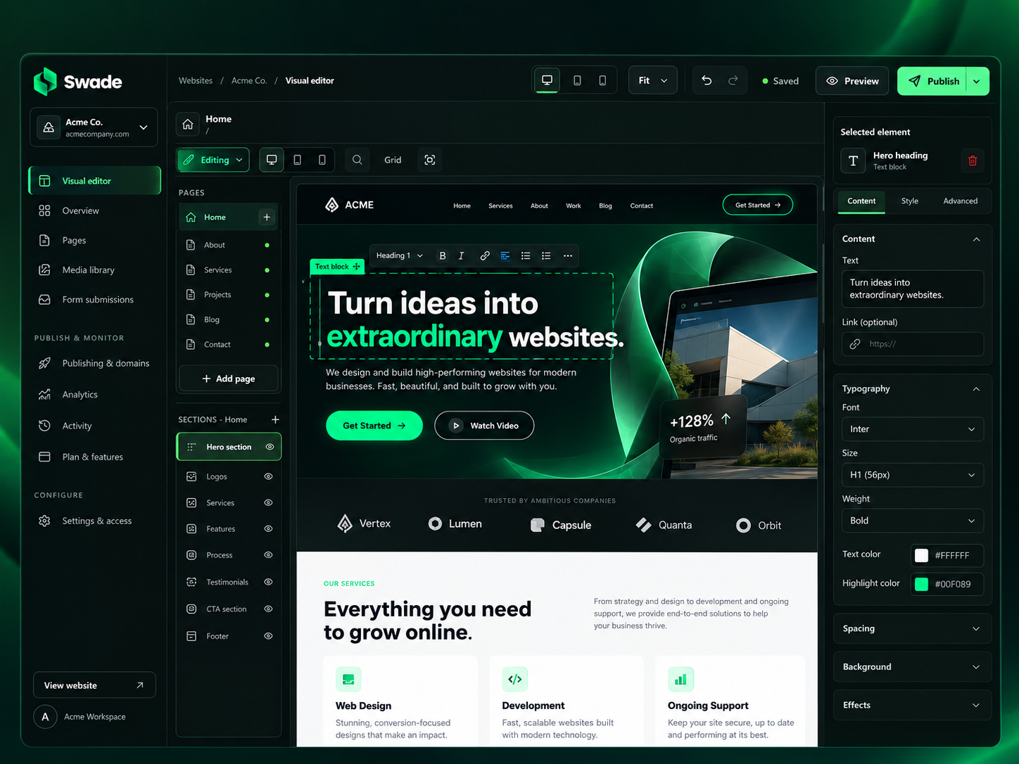 Swade Visual Editor showing website content controls